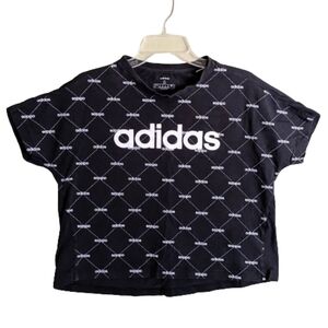 Adidas T-shirt Black White Linear Bold Diamond Graphic Print Boxy Semi-C…
